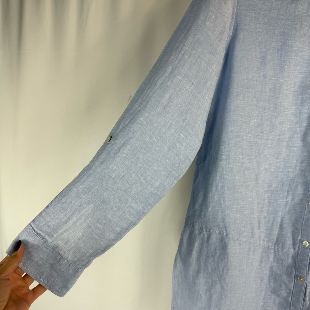 Tahari French blue 100% linen tunic shirt top split hem S Button -Up Top - Picture 6 of 14